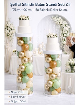 Bkmc Party Şeffaf Silindir Balon Standı Seti 2’li 75-90 cm – 50 Balonlu Beyaz Kapaklı Organizasyon Dekor Kolonu