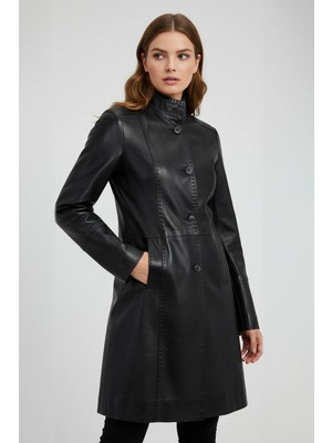 Deriderim Siyah Laura Uzun Kadın Düğmeli Dar Fit Kesim Astarlı Uzun Hakiki Deri Kaban