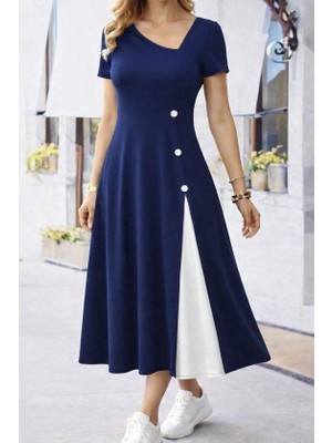 Mareandpanda Kadın Kısa Kollu Asimetrik Yakalı Düğme Detaylı Midi Viskon Elbise