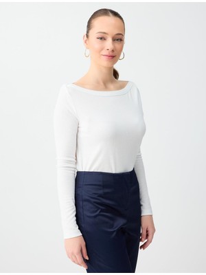 Jimmy Key Kırık Beyaz Kayık Yaka Uzun Kollu Basic Örme Bluz
