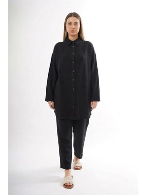 Ceremony Önü Çıtçıtlı Aller Detay Keten Kumaş Pantolonlu Takım 906 Siyah