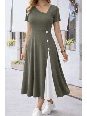 Mareandpanda Kadın Kısa Kollu Asimetrik Yakalı Düğme Detaylı Midi Viskon Elbise