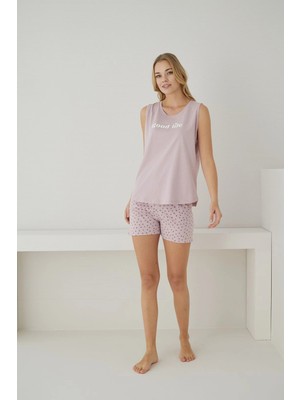 Pijamoni Kadın Süprem Kumaş Sıfır Kollu Şortlu Vizyon Pembe Pijama Takımı