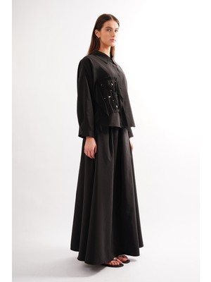 Ceremony Şifon Detay Kraş ve Taş Süslemeli Dubai Takım 913 Siyah