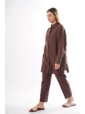 Ceremony Önü Çıtçıtlı Aller Detay Keten Kumaş Pantolonlu Takım 906 Kahverengi