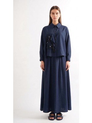 Ceremony Şifon Detay Kraş ve Taş Süslemeli Dubai Takım 913 Lacivert