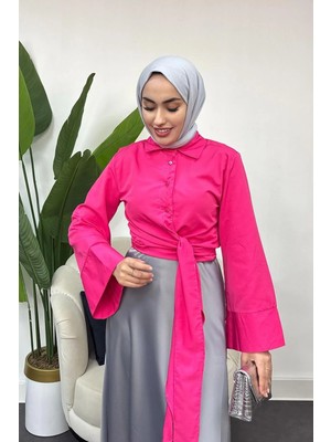 Tesettür Diyarı Kadın Kurdele Detaylı Gömlek-Fuşya