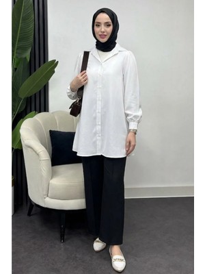 Tesettür Diyarı Kadın Dökümlü Gömlek-Beyaz
