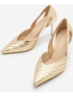 Marjin Kadın Stiletto Sivri Burun Örgü Desen Yanları Açık Topuklu Ayakkabı Tagilo Altın