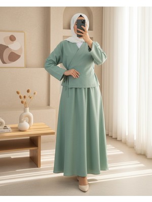 Modamorfo Yandan Bağlamalı Etekli Keten Takım   -Su Yeşili