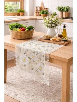 Rona Home Papatya Desenli Güpürlü Runner Beyaz Ince Kenarlı – Şık Masa Dekoru Gelin Evi Çeyizlik Masa Runnerı
