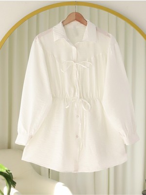 Modamorfo Bağlama Detaylı Beli Lastikli Düğmeli Gömlek -Beyaz