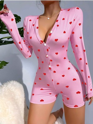 E-Bulurum Kadın Pembe Kalp Desenli Pijama Tulumu