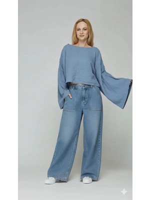 Este Woman Müslin Kumaş%100 Pamuklu Yarasa Kol Bluz