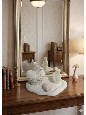 Doğal El Yapımı Dekoratif Aile ve Kalp Temalı Beyaz Obje Seti