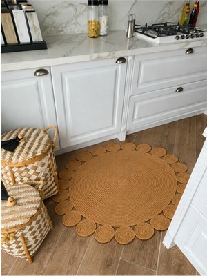 Halımax Milda 71 Kahverengi Jüt Hasırlı El Örgüsü Çift Taraflı Kilim Bohem Yuvarlak Jüt Halı