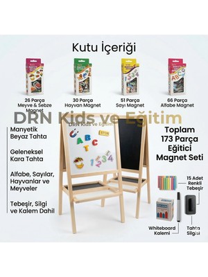 Drn Kids ve Eğitim Manyetik Çift Taraflı 174 Magnet, 15 Renkli Tebeşir, Silgi ve Kalem