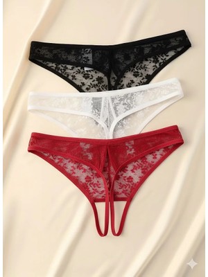 E-Bulurum Kadın 3'lü Seksi Ağ Bölgesi Açık Dantelli Tanga Seti BC0055