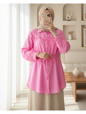 Moda Morfo Bağlama Detaylı Beli Lastikli Düğmeli Gömlek -Pembe