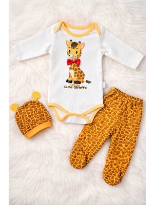 Tenra Zürafa Desenli Erkek Bebek 3’lü Takım – Uzun Kollu Çıtçıtlı Body, Patikli Pantolon ve Şapka Set