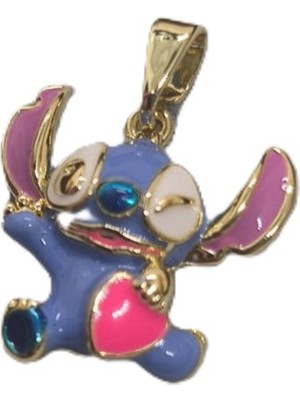 Museum Of You Kadın Kolye Ucu 14K Altın Kaplama Stitch Figürlü Pembe Kalp Detaylı