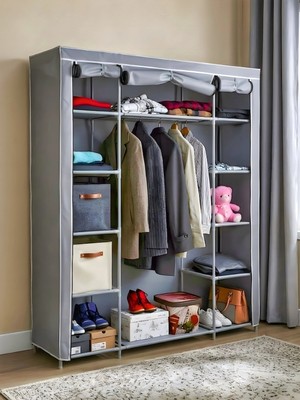 Bez Dolap Ruba Çift Yandan Raflı Portatif Gardırop Güçlendirilmiş Pvc Profil Gri