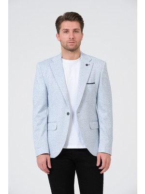 Bonesti Erkek Slim Fit Blazer Ceket Beyaz Mavi Nokta Desenli