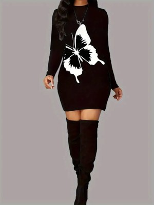 Bizcomoda Kadın Uzun Kollu Bisiklet Yaka Kelebek Desenli Kısa Viskon Iki Iplik Elbise