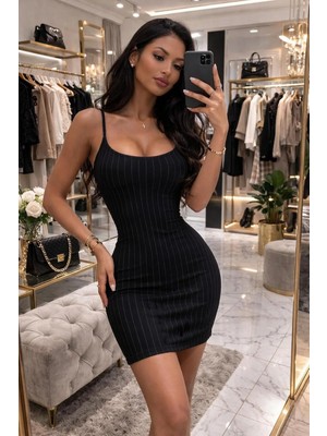Ince Askılı Çizgili Bodycon Dar Kesim Mini Elbise