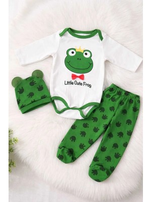 Tenra Kurbağa Desenli Erkek Bebek 3’lü Takım – Uzun Kollu Çıtçıtlı Body, Patikli Pantolon ve Şapka Set
