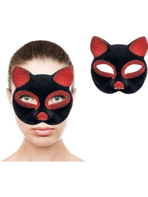 E-Bulurum Siyah Kırmızı Simli Süet Kedi Maskesi
