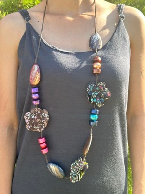 Gönülden Tasarım Renkli Çiçekli Bambu Kadın Kolye 55 cm