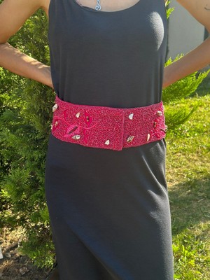Gönülden Tasarım Pembe Boncuk Işleme Deniz Kabuğu Işleme Kadın Cırtcırt Kadın Kemer 110X10 cm