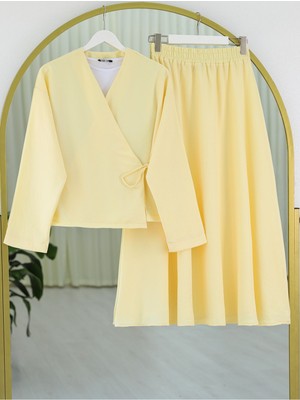 Modamorfo Yandan Bağlamalı Etekli Keten Takım   -Açık Sarı