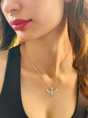 Gönülden Tasarım Zirkon Taş Işleme Melek Uçlu Çelik Kadın Kolye 24 cm