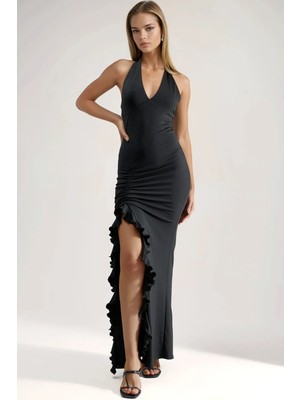 Hiccup Kadın Yırtmaç Detaylı Halter Yaka Bodycon Maxi Elbise Siyah