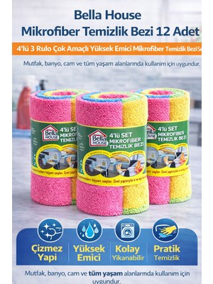 Epilons Bella House Mikrofiber Temizlik Bezi 12 Adet (4'lü 3 Rulo) Çok Amaçlı Yüksek Emici Mikrofiber Temiz