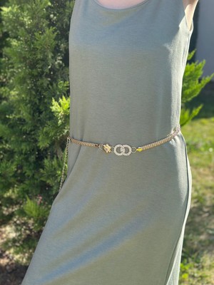 Gönülden Tasarım Kalkaalı Zirkon Taşlı Altın Sarı Zincir Kadın Kemer 120 cm