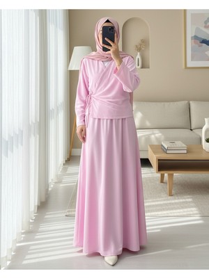 Modamorfo Yandan Bağlamalı Etekli Keten Takım   -Pudra