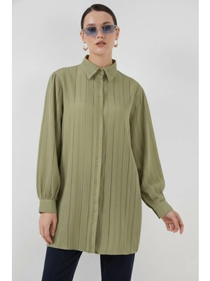 Hiccup Kadınlar BDART Çizgili Uzun Kollu Düğmeli Gömlek Çam Yeşili