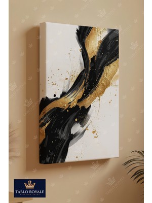 Tablo Royale Beyaz Üzerine Yağlı Boya Desenli Gold ve Siyah Soyut Görsel Kanvas Tablo - Salon Tablo