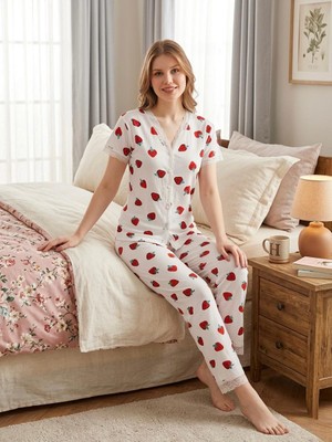 Noches Kadın Beyaz Kiraz Kalp Çiçek Desenli Ince Bürümcük Boydan Düğmeli Yazlık Pijama Takım