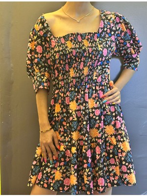 Gönülden Tasarım Çiçekli Lastikli Kadın Elbise L/xl Uyumlu