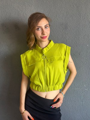 Gönülden Tasarım Yeşil Keten Fermuarlı Kadın Crop Gömlek Xl Beden