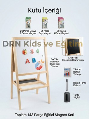 Drn Kids ve Eğitim Çift Taraflı Manyetik 143 Magnet, 15 Renkli Tebeşir,kalem ve Silgi