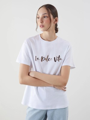 Lc Waikiki Yeni Sezon Bisiklet Yaka Baskılı Kadın Tişört