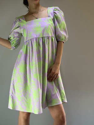 Gönülden Tasarım Mor Yeşil Desenli Kadın Balon Elbise S Beden