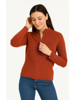 Civetta Kadın Yarım Fermuarlı Triko Kazak – Selanik Örgü, Dik Yaka, Pamuklu Dokuma, Oversize Uzun Kollu Kışlık Model - Kiremit