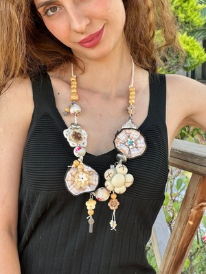 Gönülden Tasarım Triko Çiçekli Bambu Kadın Kolye 33 cm