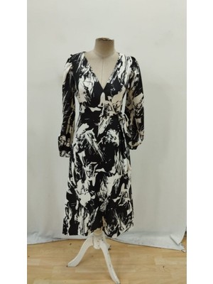 Infivento Kadın Uzun Kollu Kruvaze Yakalı Yandan Bağlamalı Desenli Mini Modal Elbise